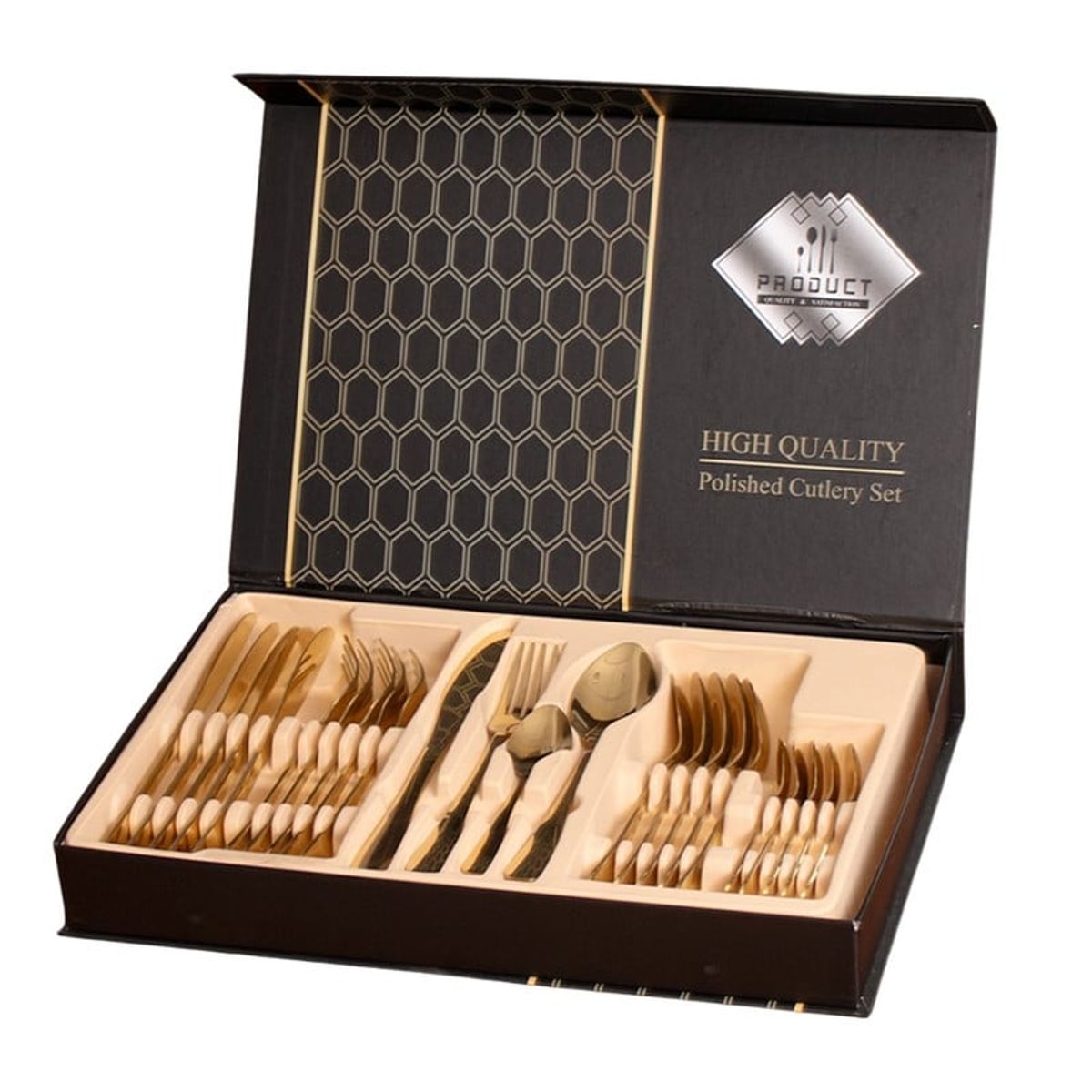 PANADECOR - Juego De Cubiertos Dorados De Acero Con Estuche 24 Piezas 40Cm