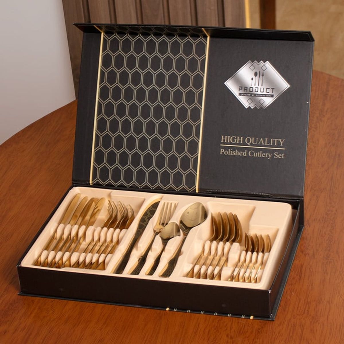 PANADECOR - Juego De Cubiertos Dorados De Acero Con Estuche 24 Piezas 40Cm