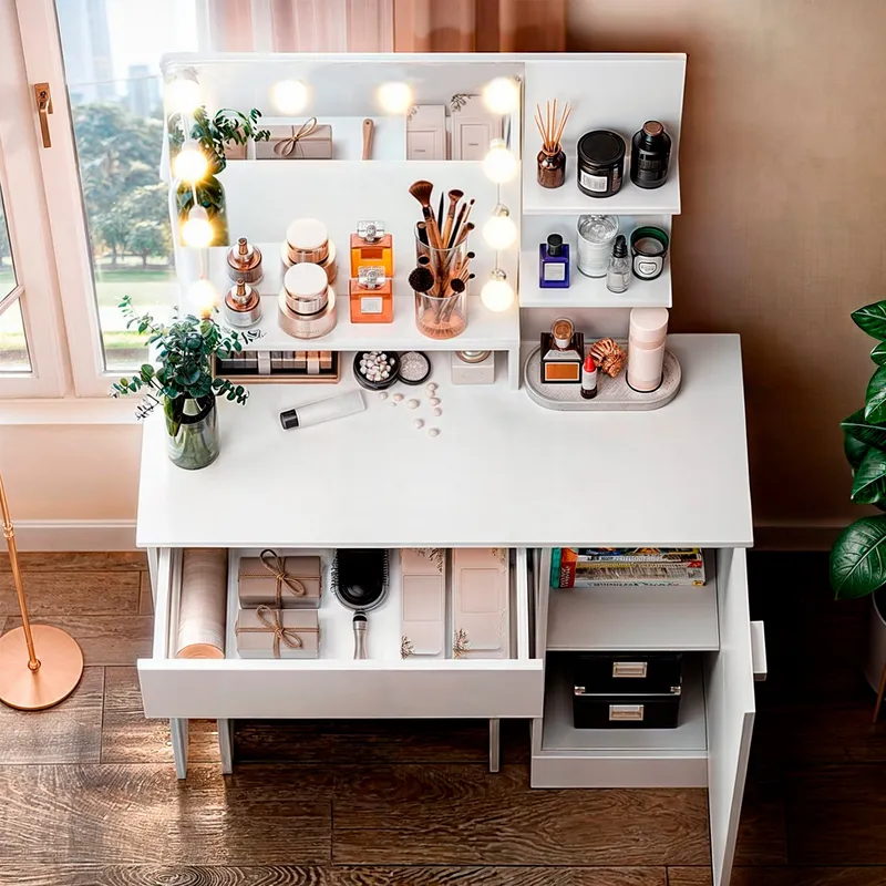 BH BARAKA HOME PREMIUM - Tocador Joyero Akrar con Espejo + Puff