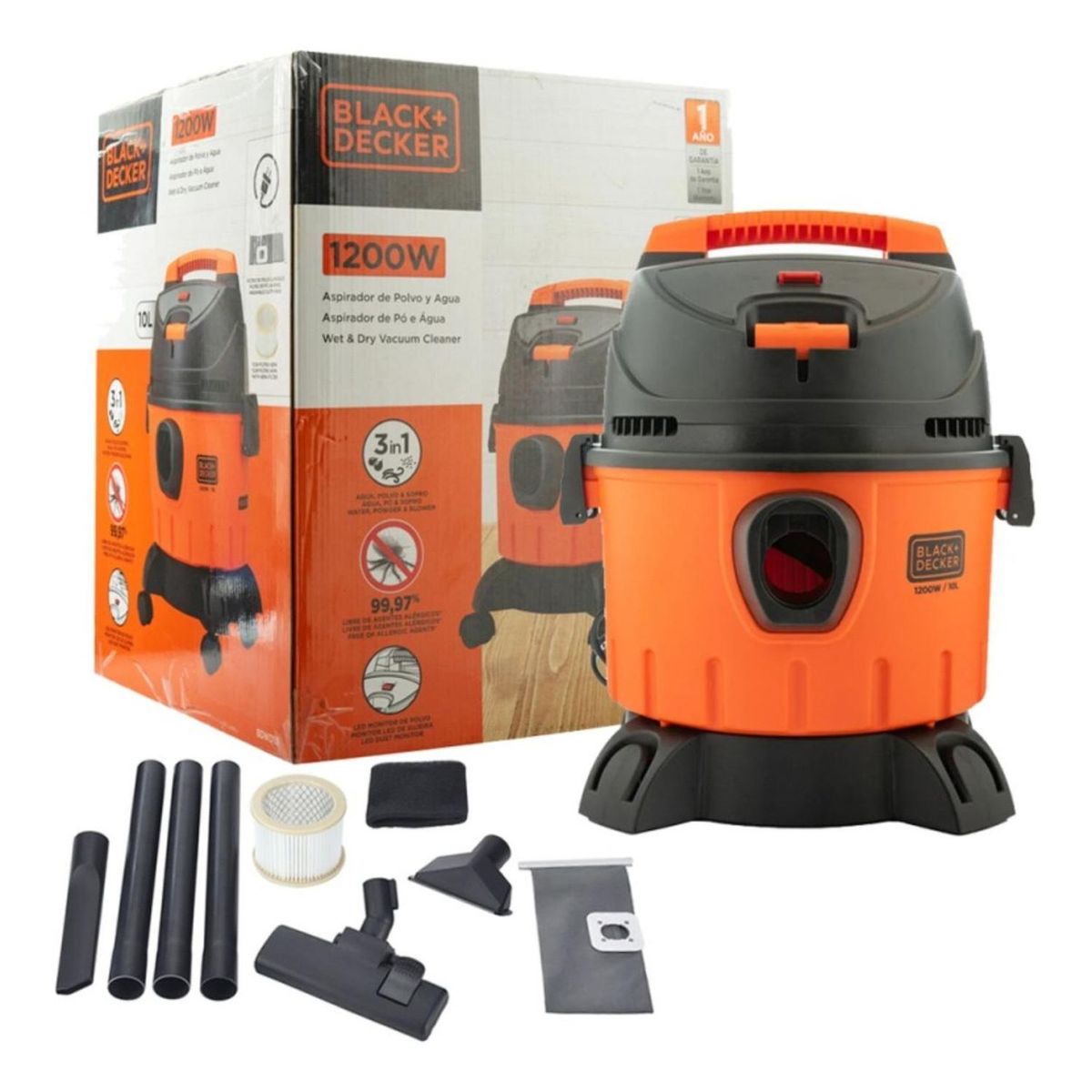 Black+Decker - Aspiradora Seco/Húmedo 1200W 10 L Black&Decker BDWD10-B2C