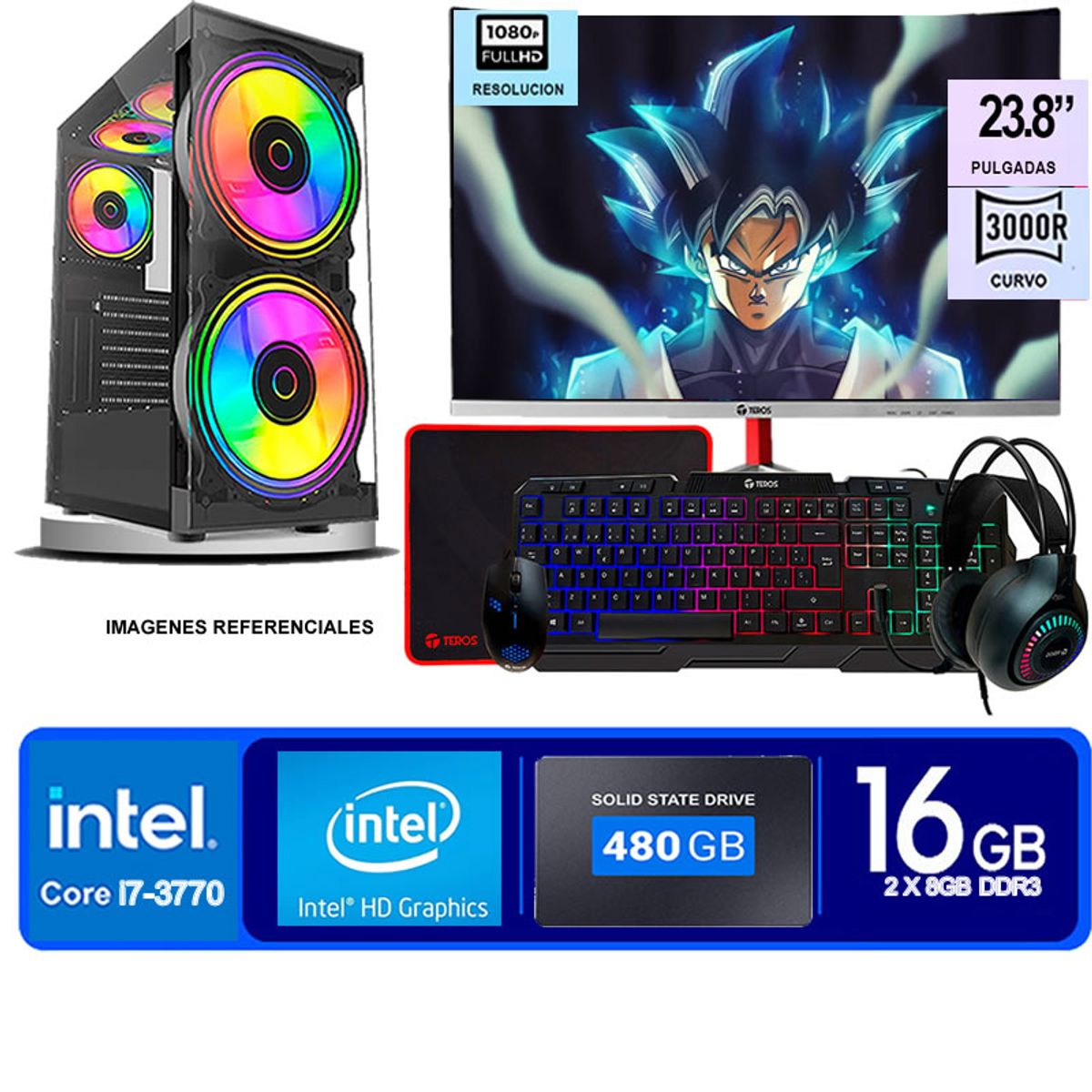 TEROS - Computadora Pc Intel Core i7 3770  Monitor 24 fhd' RAM 16 GB SSD 480 GB