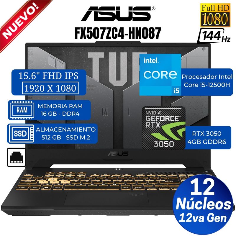 ASUS - Laptop Asus TUF Gaming F15 FX507ZC4-HN087 15.6” FHD, Core i5-12500H, Ram 16GB, SSD 512 GB, Free DOS