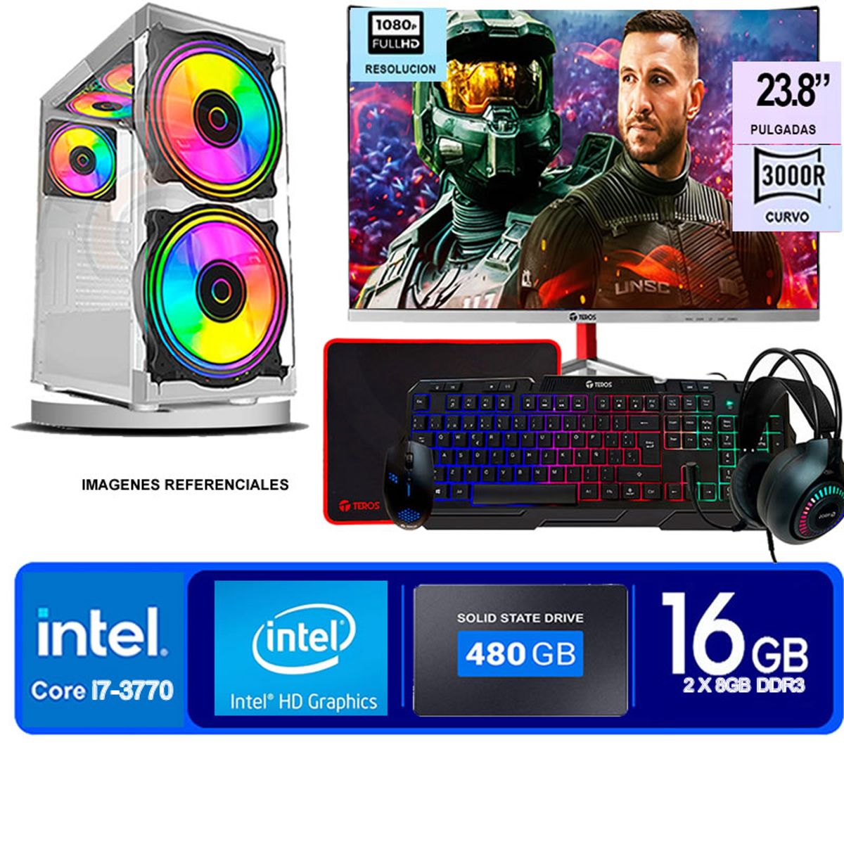 TEROS - Computadora Pc Intel Core i7 3770  Monitor 24 fhd' RAM 16 GB SSD 480 GB
