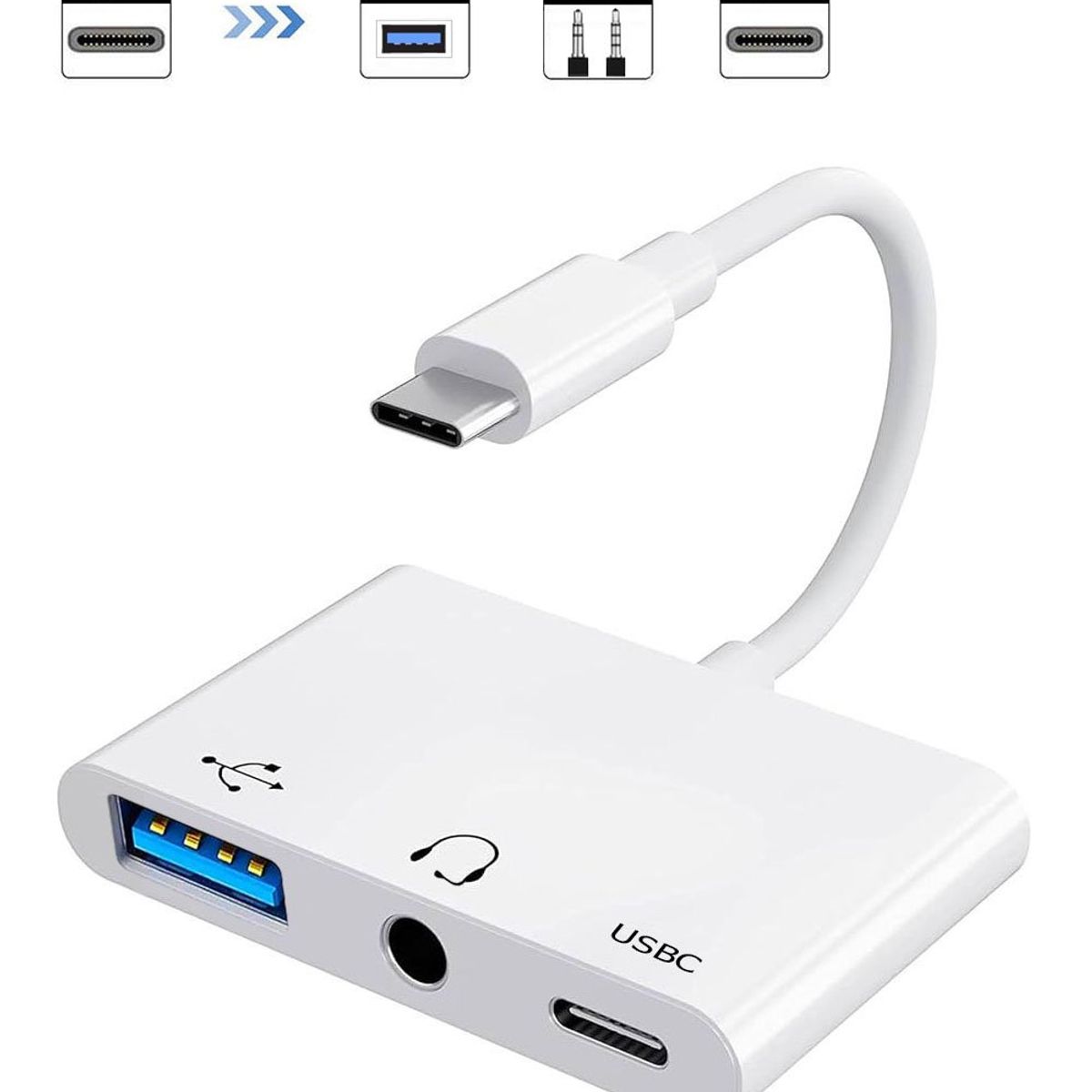 OEM - Adaptador 3 en 1 Tipo C a USB, Audio Jack 3.5mm y carga Tipo C
