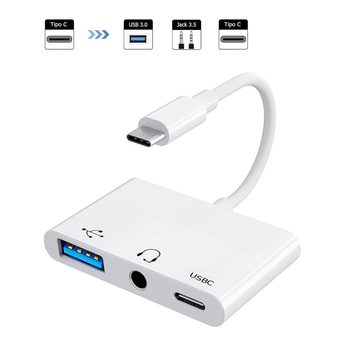 OEM - Adaptador 3 en 1 Tipo C a USB, Audio Jack 3.5mm y carga Tipo C
