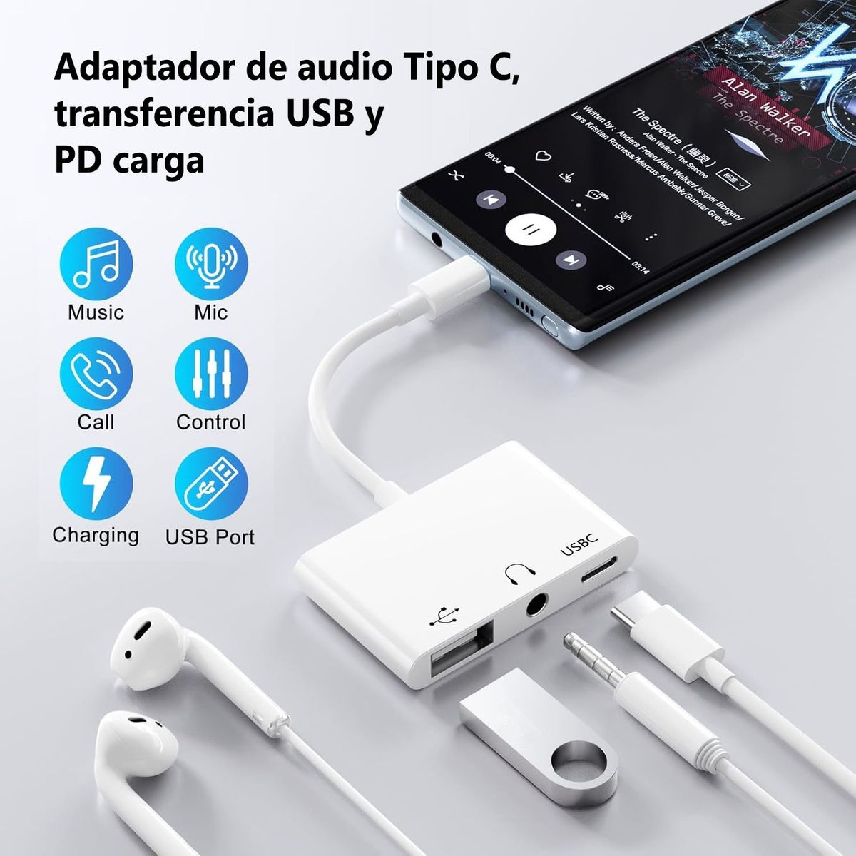 OEM - Adaptador 3 en 1 Tipo C a USB, Audio Jack 3.5mm y carga Tipo C