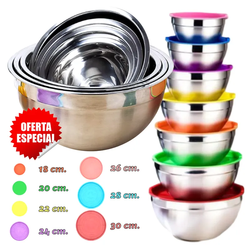 GENERICO - 7 Bowls con tapa de Acero Inox. para Cocina Repostería de Alta Calidad