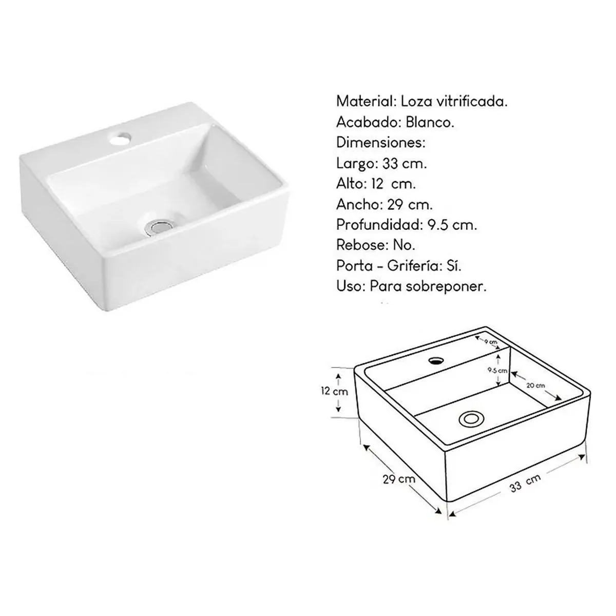 XM - Bowl Lavabo Ovalin de Loza Cuadrado Blanco