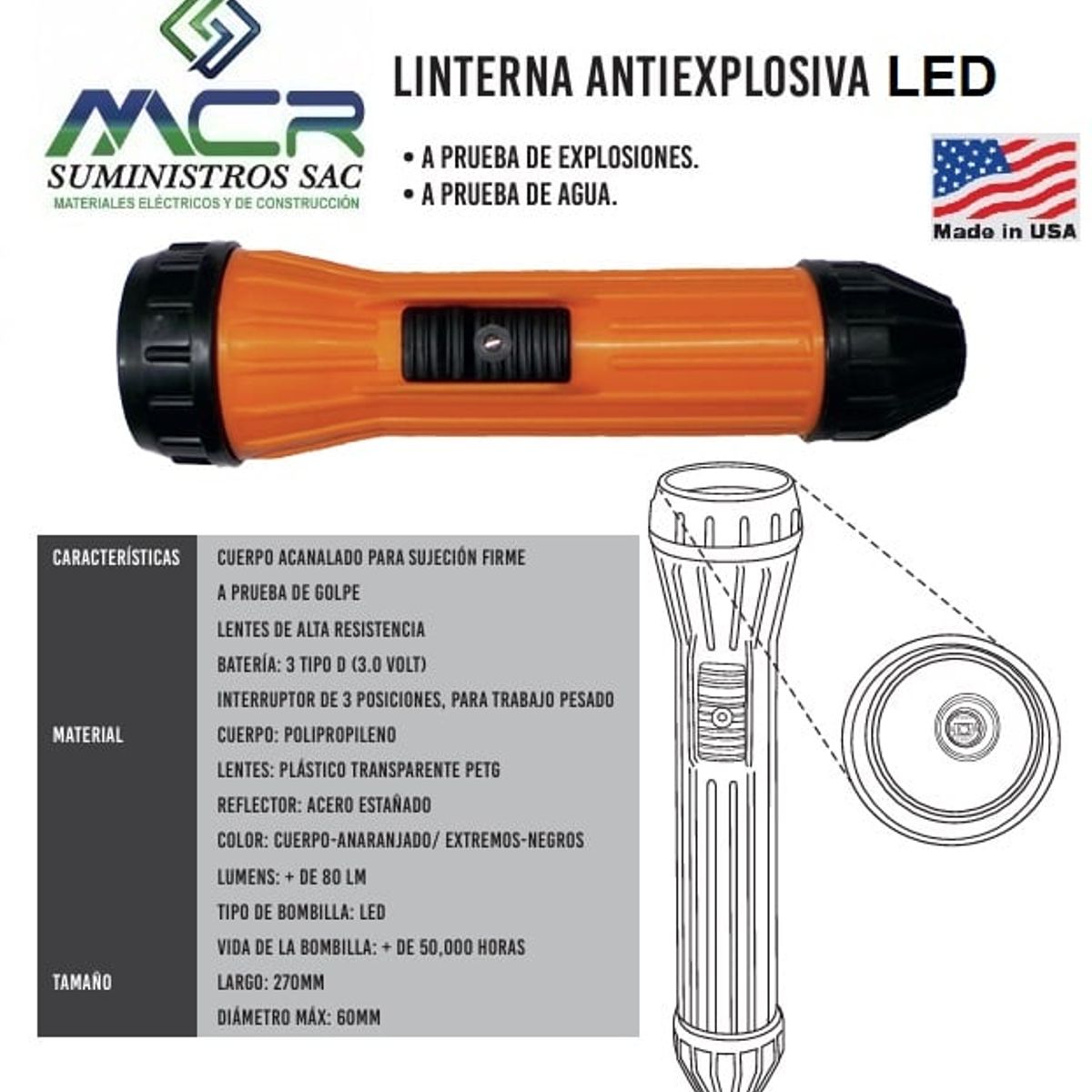 GENERICO - LINTERNA LED ANTIEXPLOSIVA INDUSTRIAL A PRUEBA DE AGUA 27CM