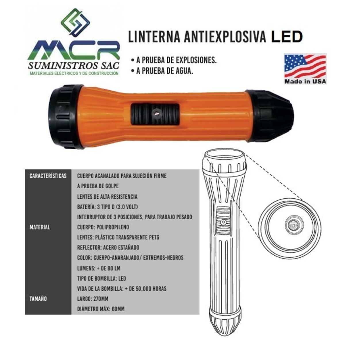 GENERICO - LINTERNA LED ANTIEXPLOSIVA INDUSTRIAL A PRUEBA DE AGUA 27CM