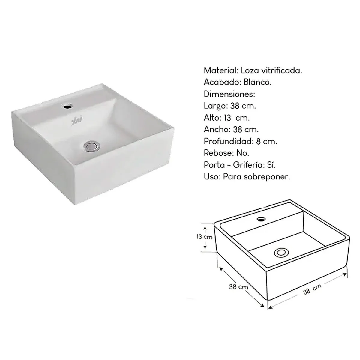 XM - Bowl Lavabo Ovalin de Loza Cuadrado  Blanco