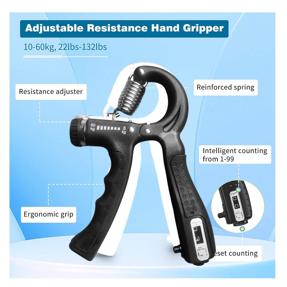 GENERICO - Hand Grip 60 Kg Contador Kit de Agarre Negro