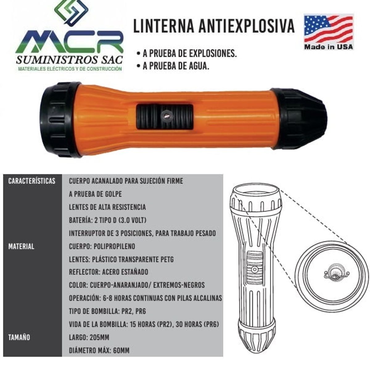 GENERICO - LINTERNA ANTIEXPLOSIVA INDUSTRIAL A PRUEBA DE AGUA 20CM