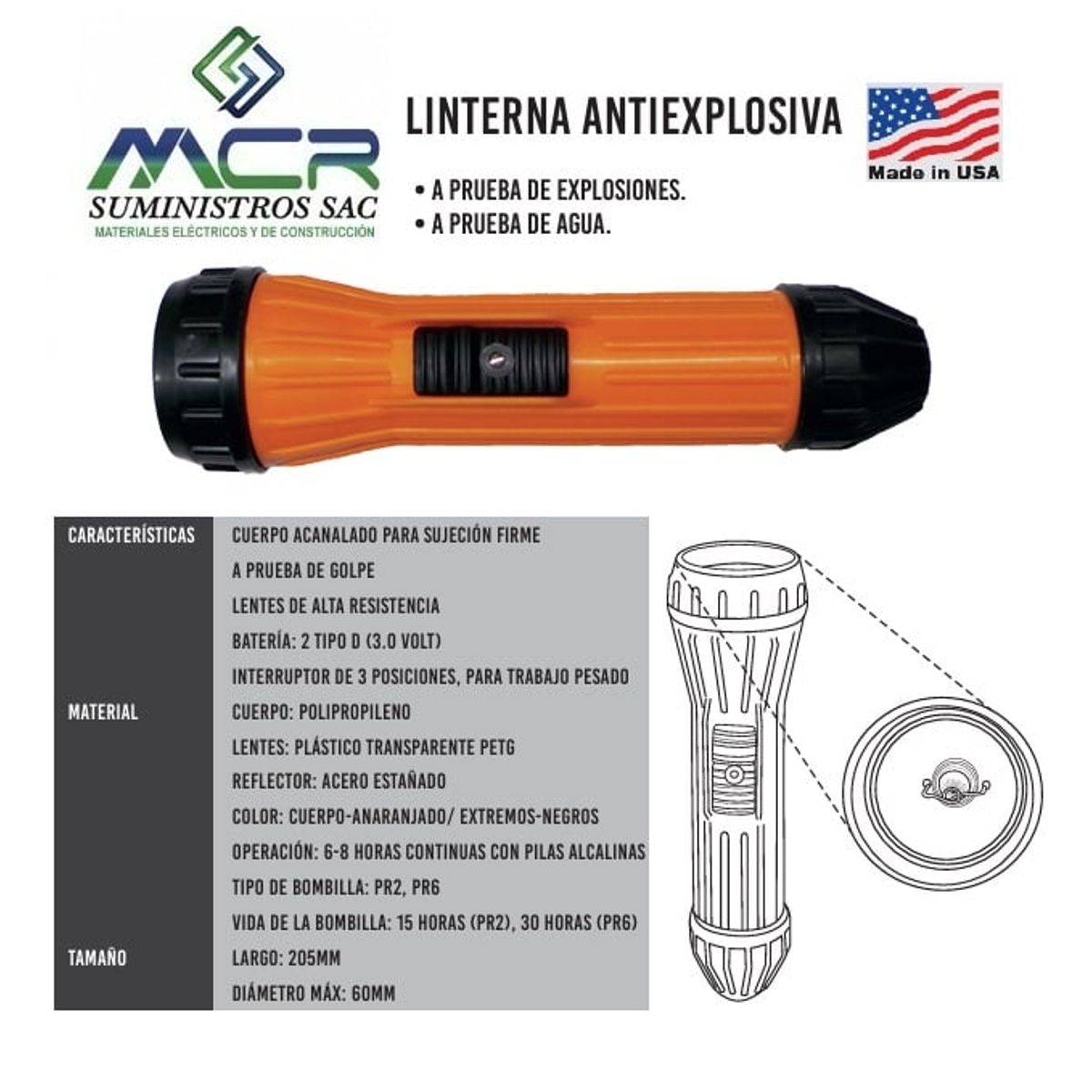 GENERICO - LINTERNA ANTIEXPLOSIVA INDUSTRIAL A PRUEBA DE AGUA 20CM