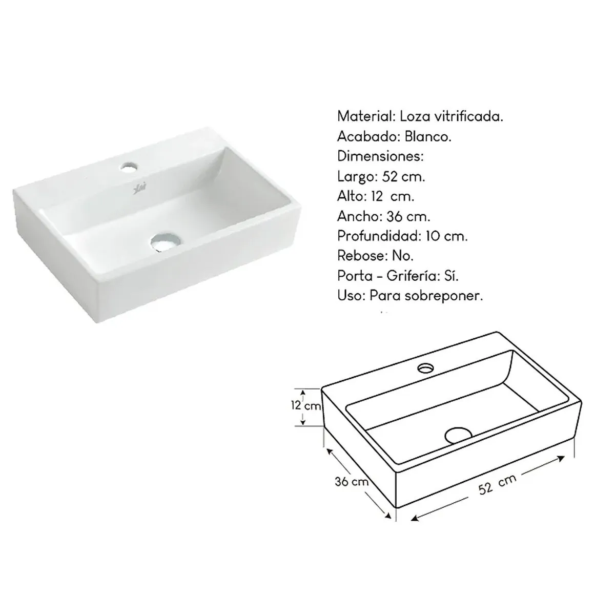 XM - Bowl Lavabo Ovalin de Loza Rectangular Blanco