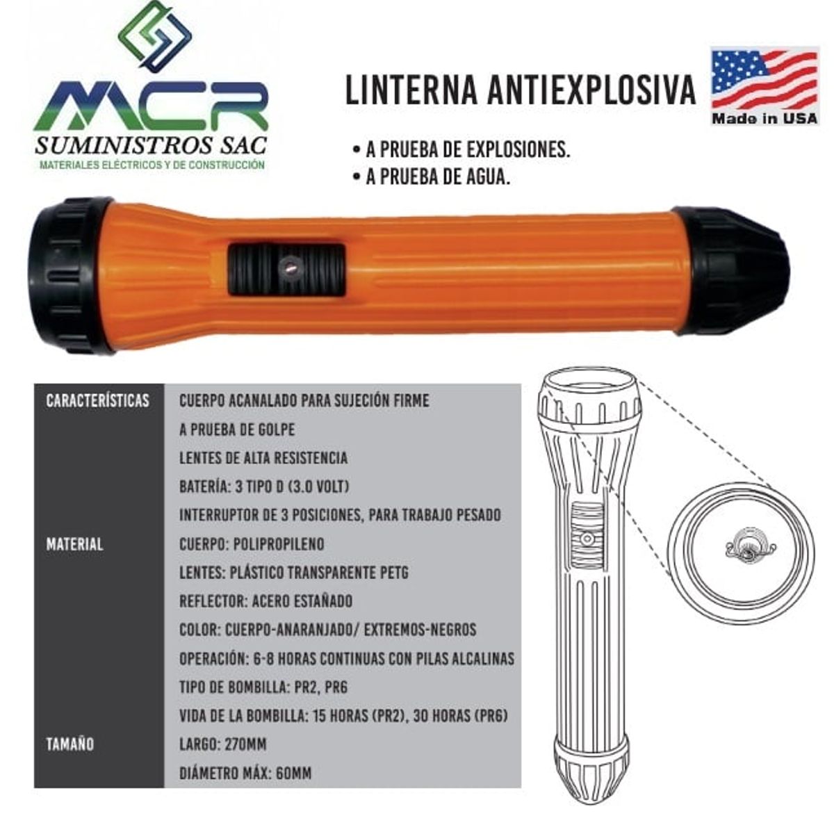 GENERICO - LINTERNA ANTIEXPLOSIVA INDUSTRIAL A PRUEBA DE AGUA 27CM