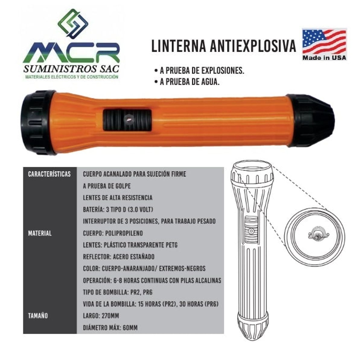 GENERICO - LINTERNA ANTIEXPLOSIVA INDUSTRIAL A PRUEBA DE AGUA 27CM