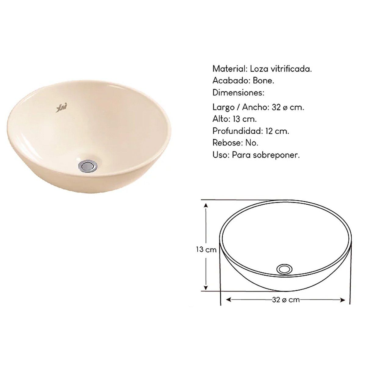 XM - Bowl Lavabo Ovalin de Loza Redonda Bone