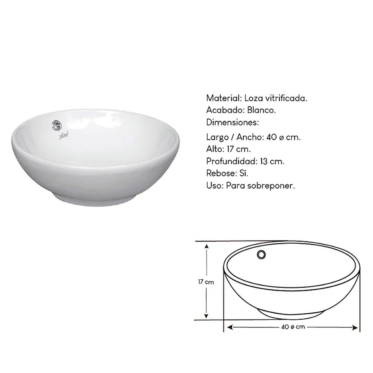 XM - Bowl Lavabo Ovalin de Loza Redonda Blanco