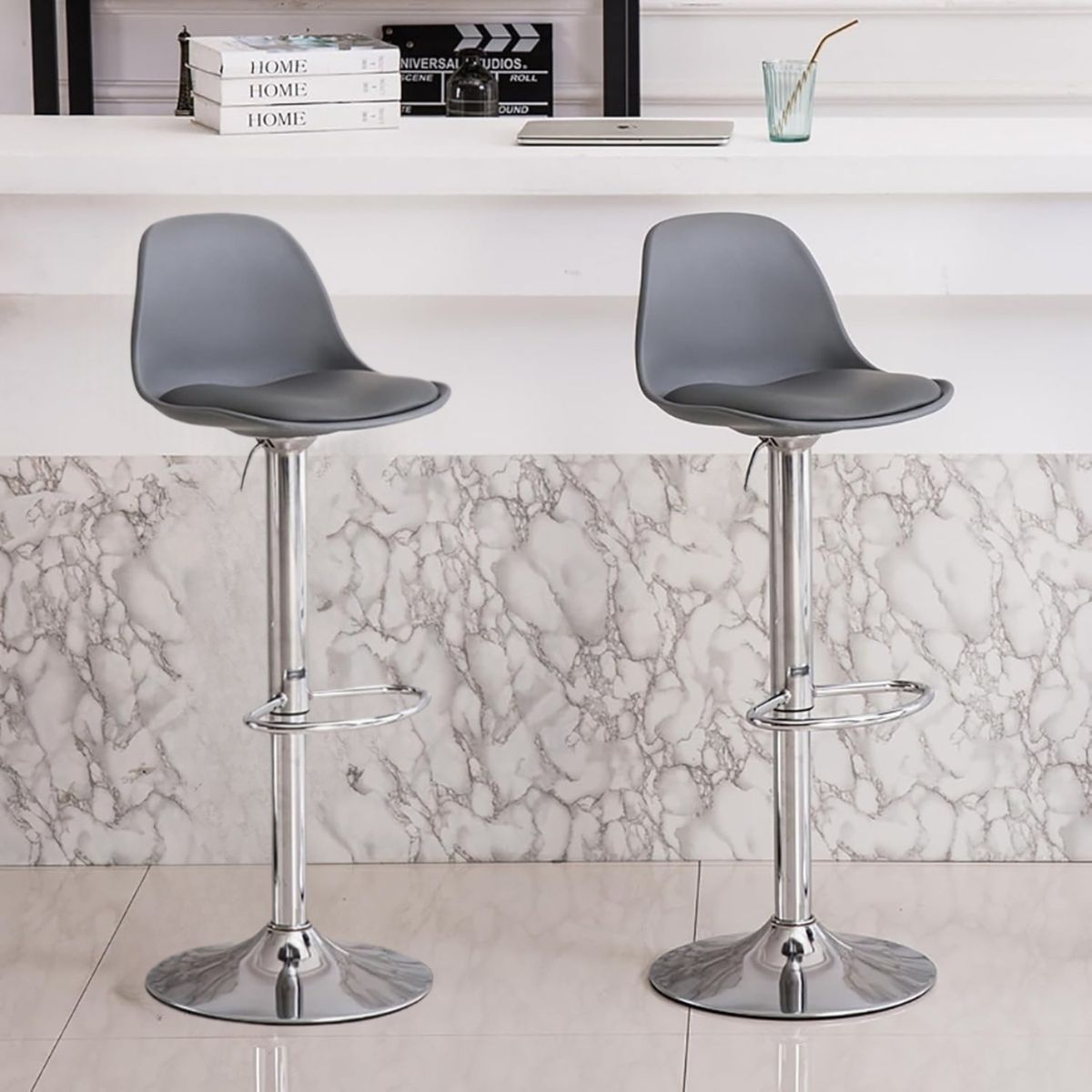 GENERICO - 2 SILLAS BANCO BAR GIRATORIO TABURETE REGULABLE REPOSAPIES DE ACERO COLOR GRIS