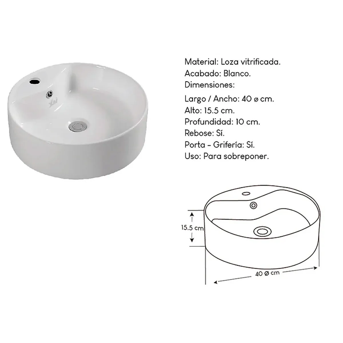XM - Bowl Lavabo Ovalin de Loza Redonda Blanco