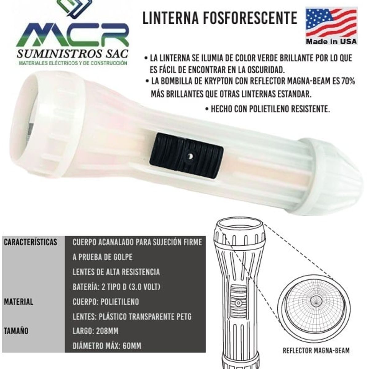 GENERICO - LINTERNA FOSFORESCENTE FOCO KRYPTON CON REFLECTOR MAGNA-BEAM