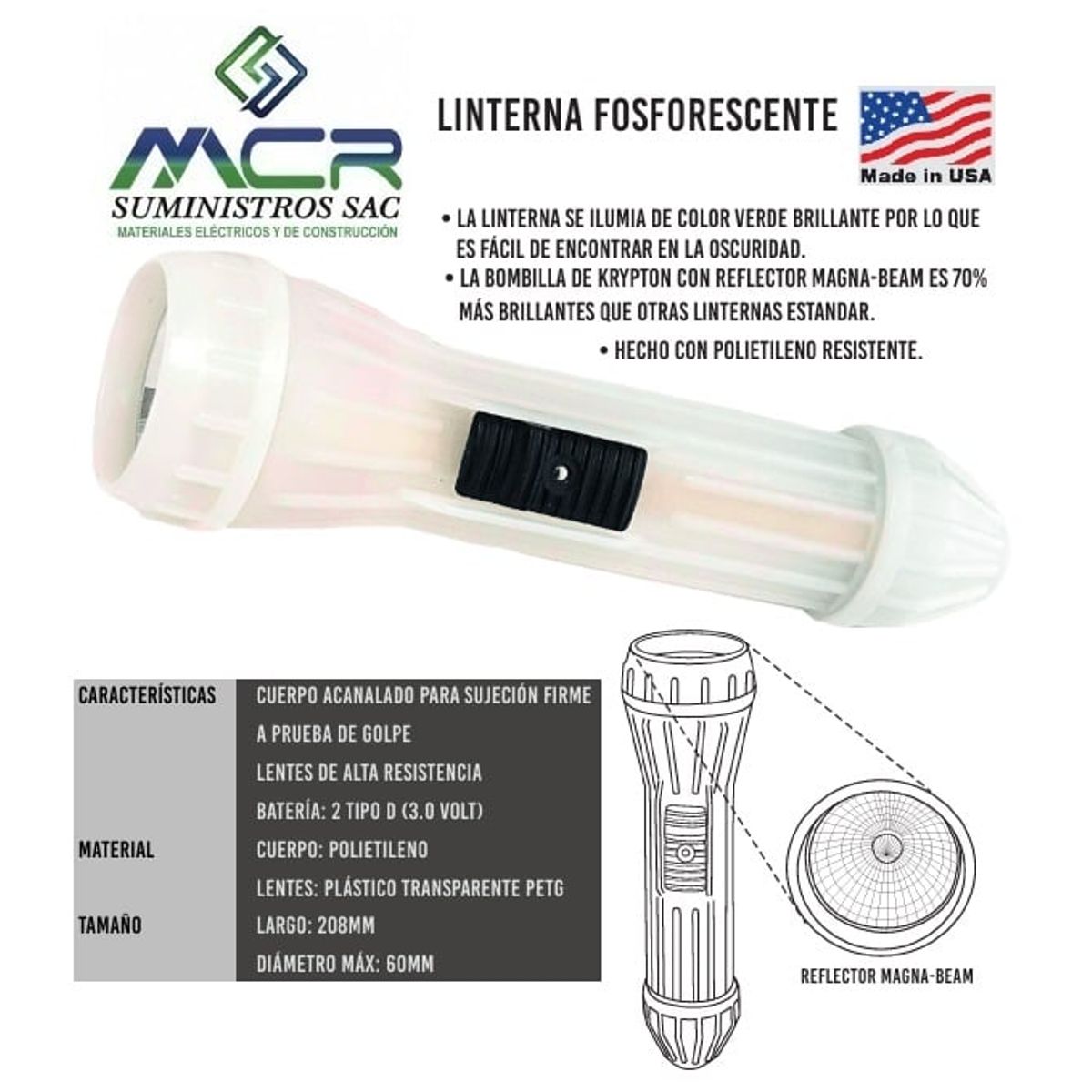 GENERICO - LINTERNA FOSFORESCENTE FOCO KRYPTON CON REFLECTOR MAGNA-BEAM