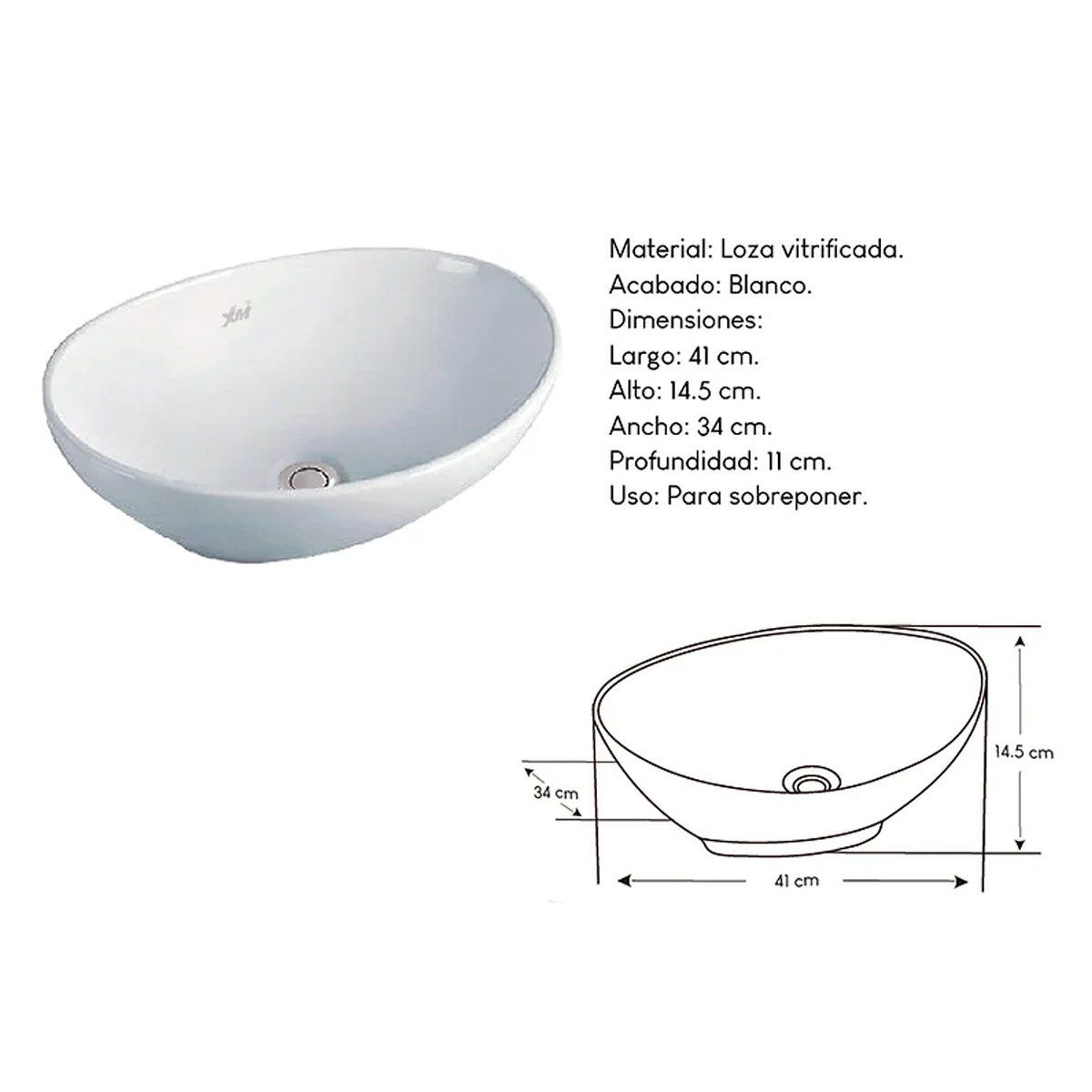 XM - Bowl Lavabo Ovalin de Loza Ovalado Blanco