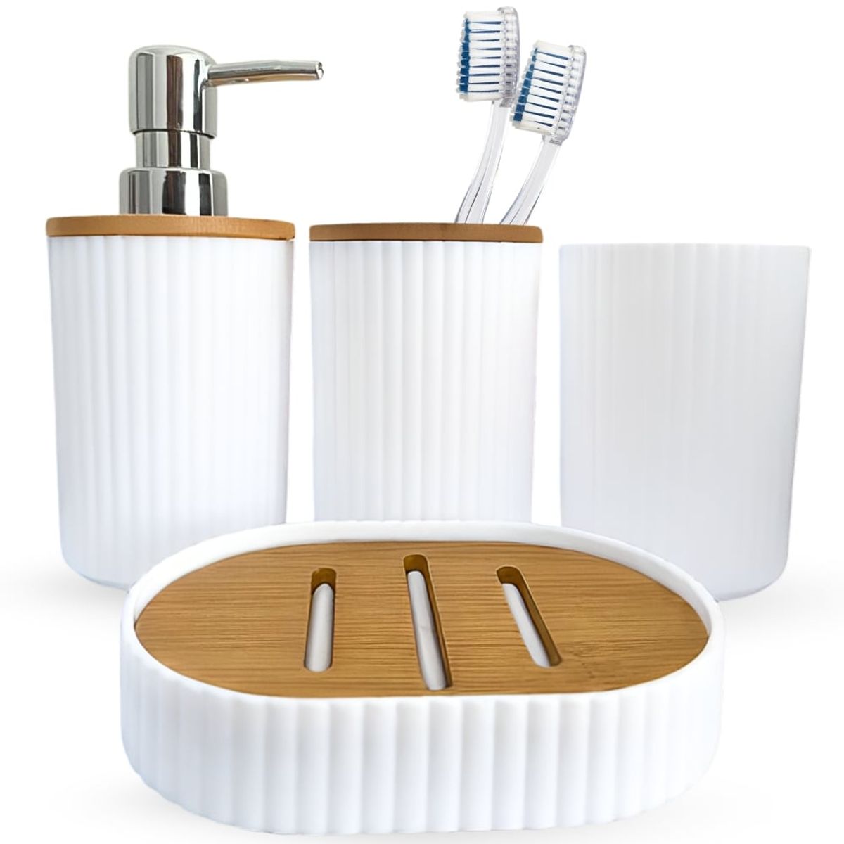 MINARI - Kit 4 Accesorios para Baño Dispensador de Jabón Jabonera Blanco KB4