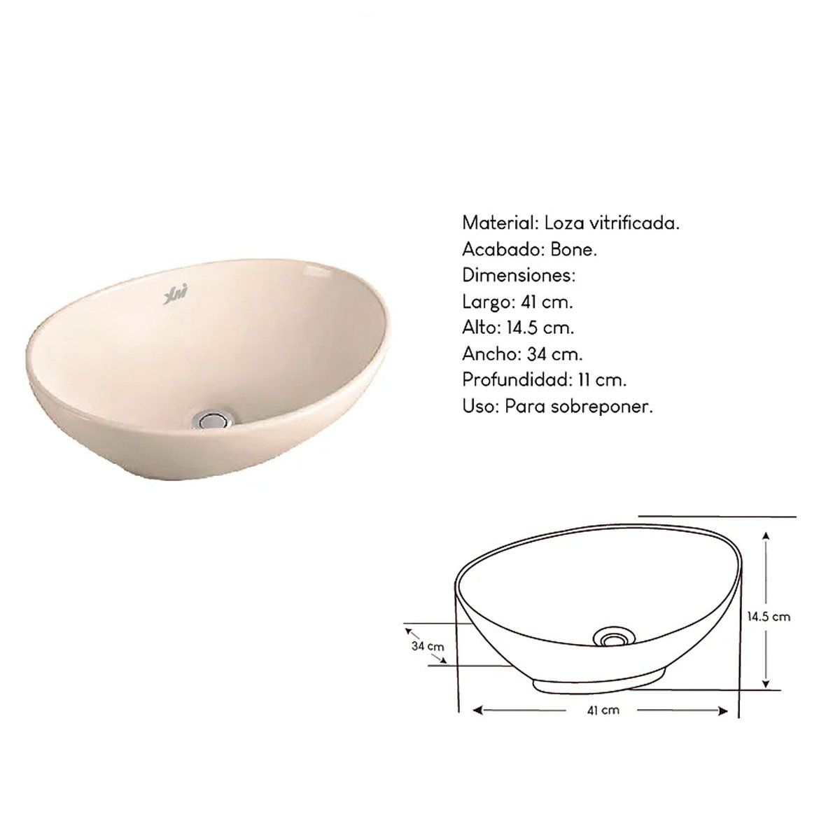 XM - Bowl Lavabo Ovalin de Loza Ovalado Bone