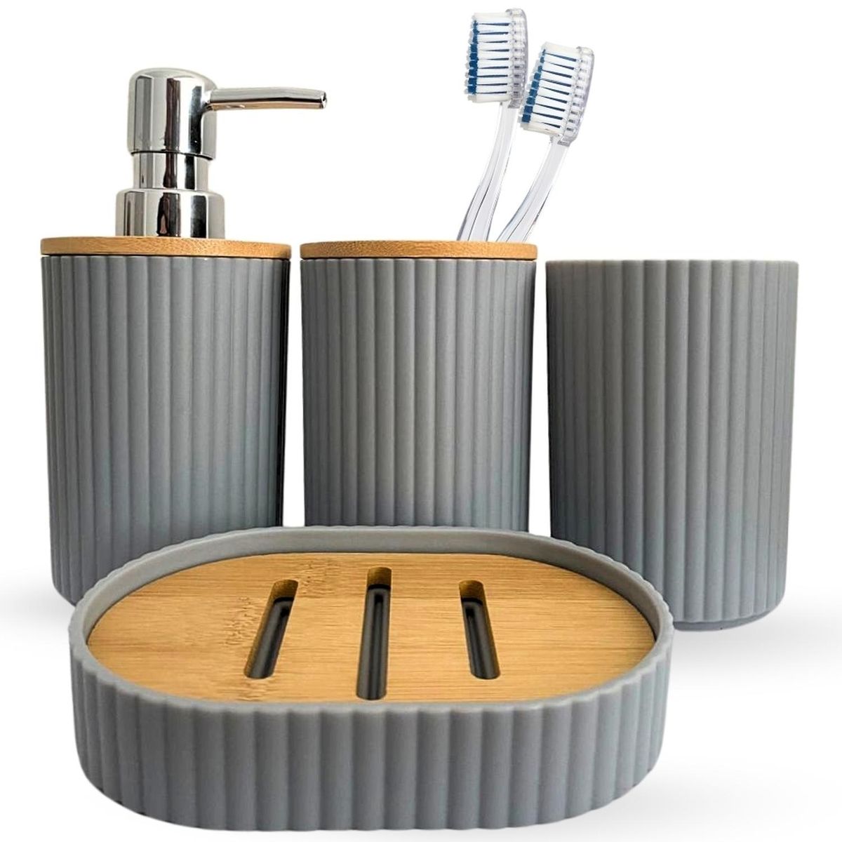 MINARI - Kit 4 Accesorios para Baño Dispensador de Jabón Jabonera Gris KB4