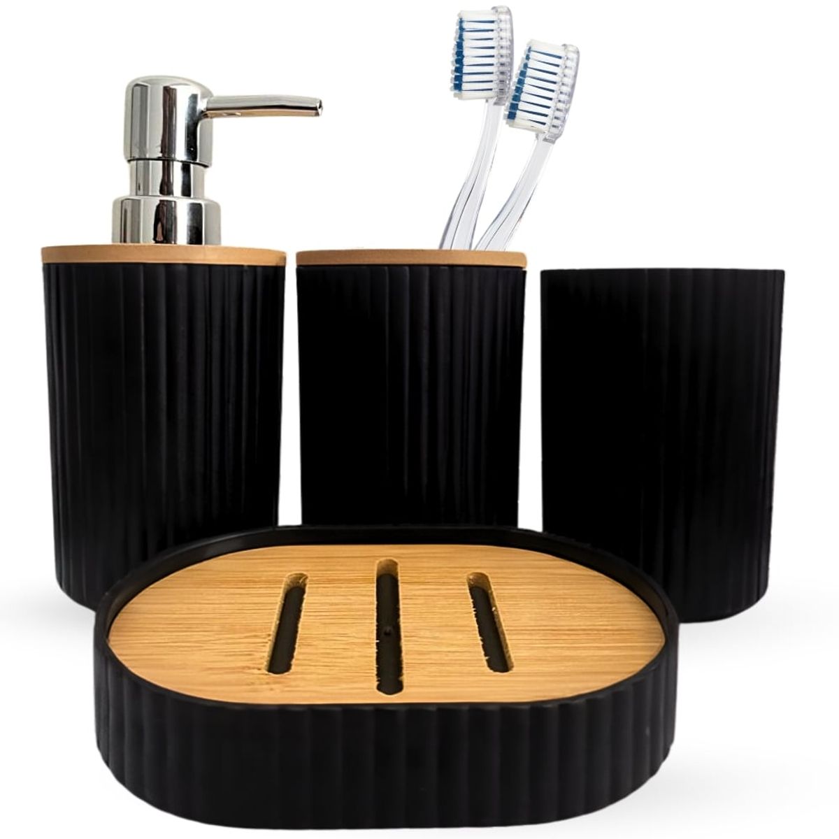 MINARI - Kit 4 Accesorios para Baño Dispensador de Jabón Jabonera Negro KB4