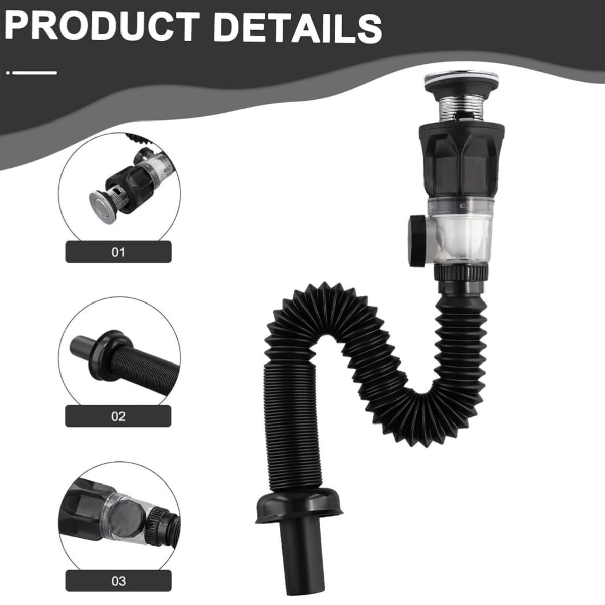 GENERICO - Desague Sifón flexible Corrugado Negro con anti olor y Push para Cocina o Baño