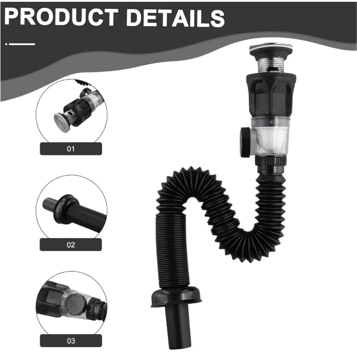 GENERICO - Desague Sifón flexible Corrugado Negro con anti olor y Push para Cocina o Baño