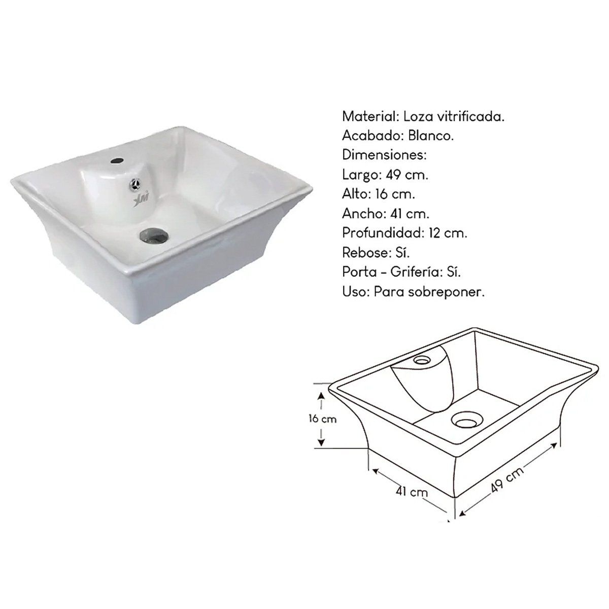 XM - Bowl Lavabo Ovalin de Loza Cuadrado Blanco