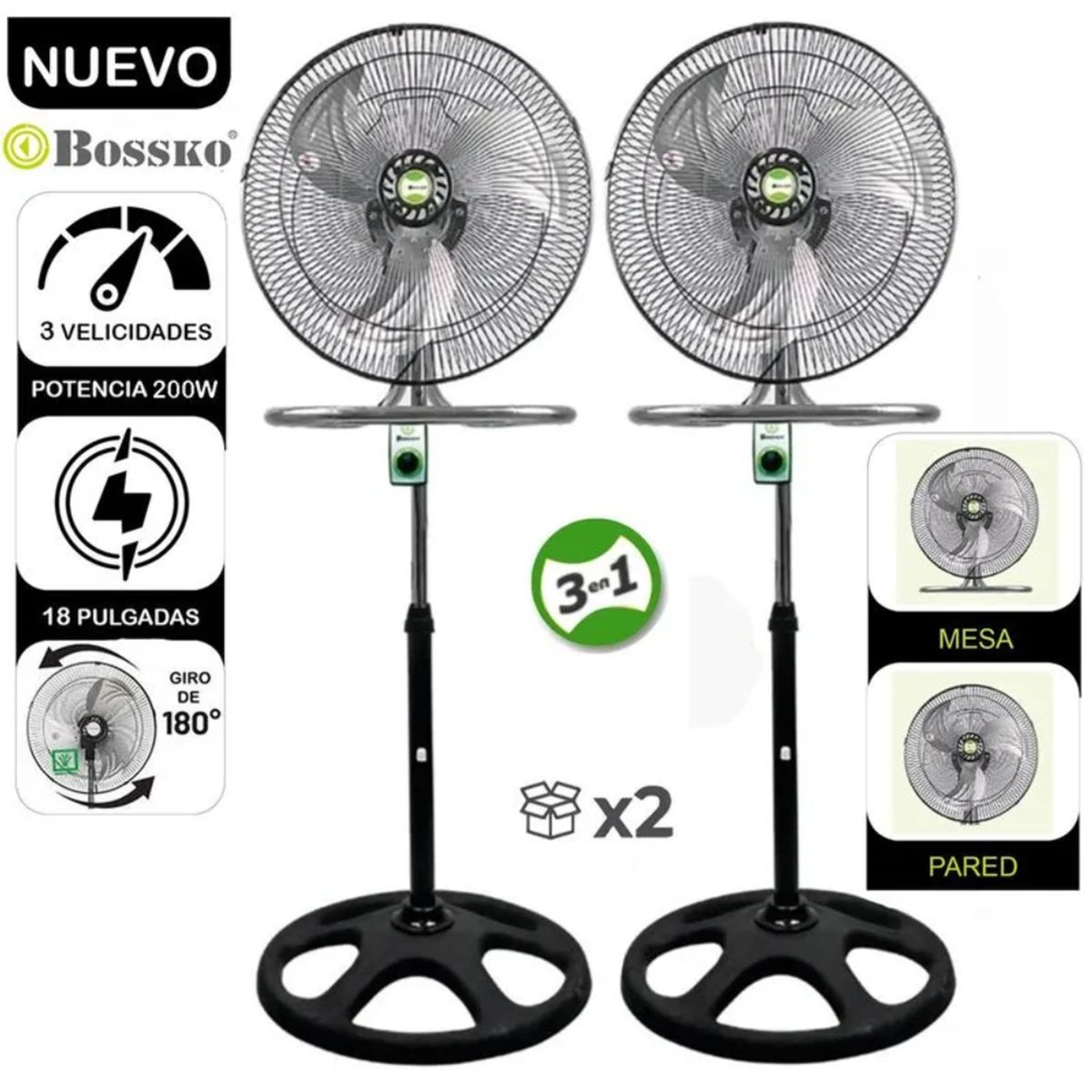 BOSSKO - VENTILADOR BOSSKO 3 EN 1 BK-8218VI NG  METAL X 2 UNIDADES