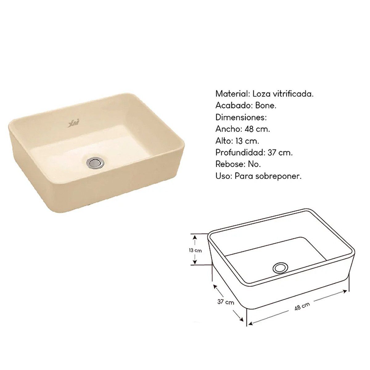 XM - Bowl Lavabo Ovalin de Loza  Cuadrado Bone