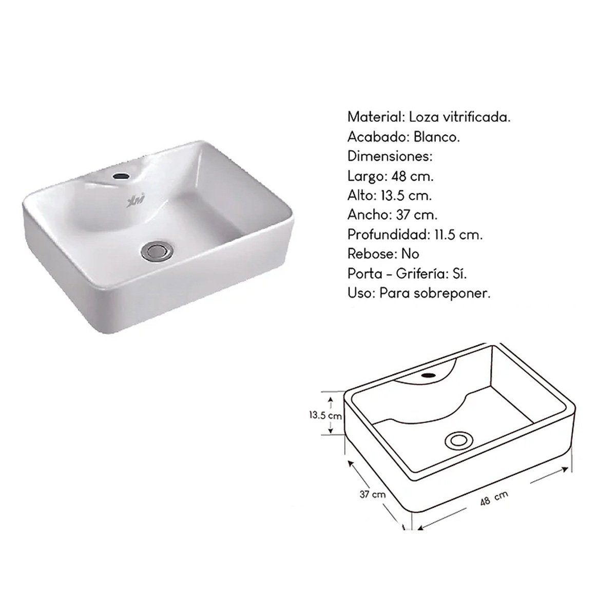 XM - Bowl Lavabo Ovalin de Loza Cuadrado Blanco