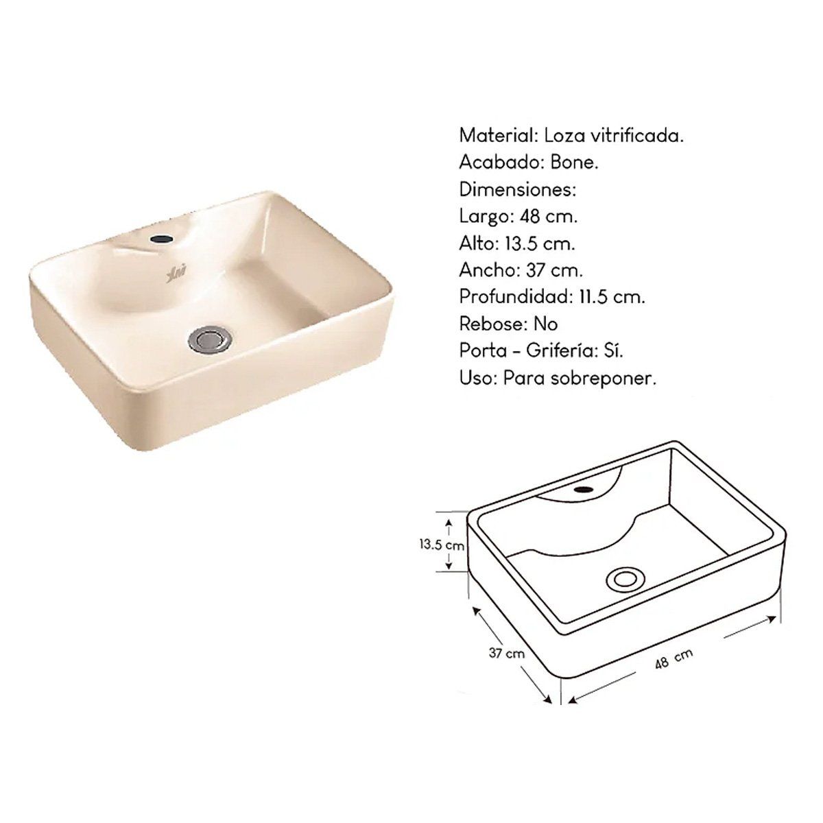 XM - Bowl Lavabo Ovalin de Loza  Cuadrado Bone