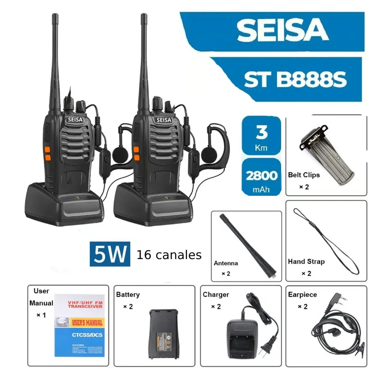 Walkie Talkie 01 Par Radio Transmisor Receptor 3KM 5w seisa ST-B888S, marca SEISA - Foto Principal