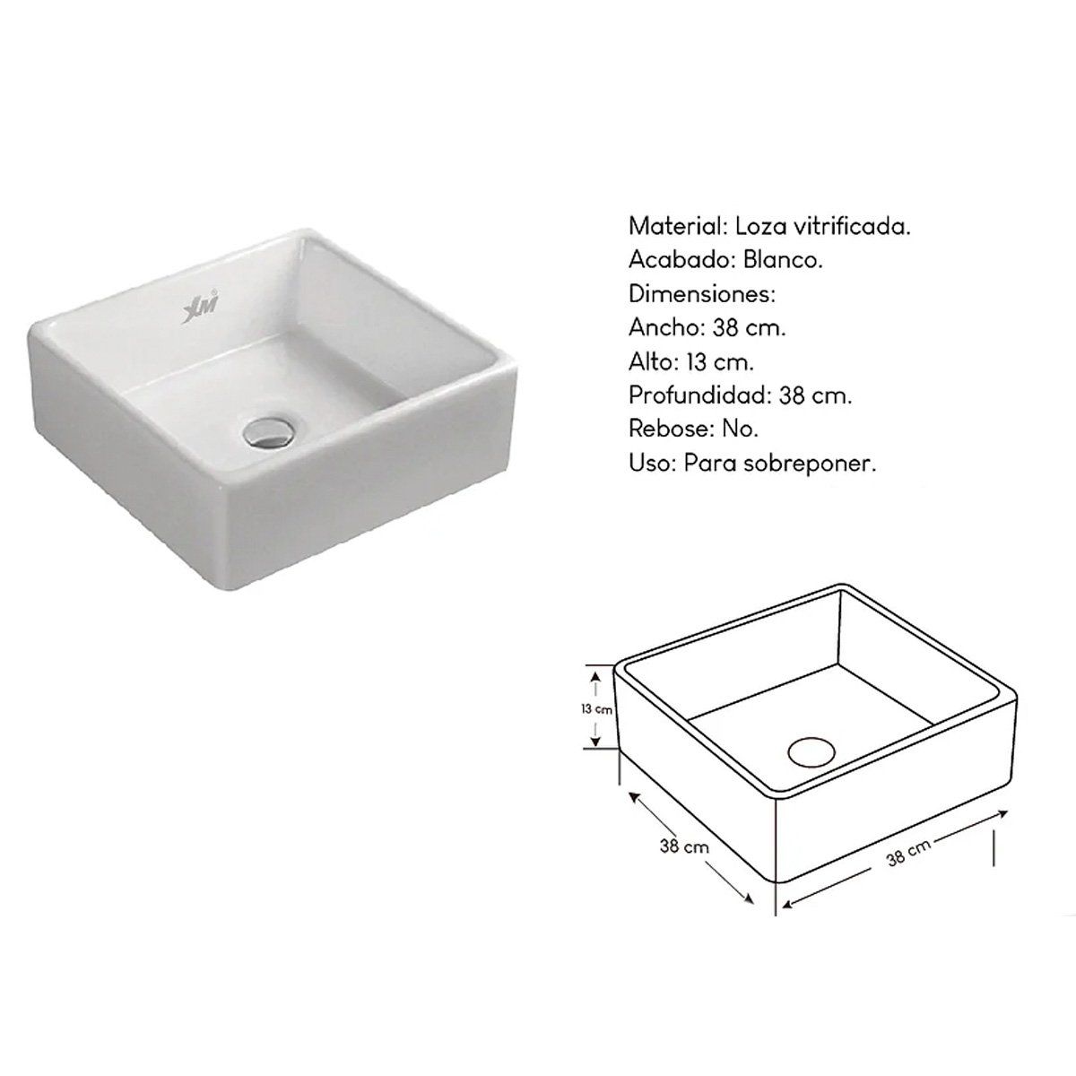 XM - Bowl Lavabo Ovalin de Loza  Cuadrado Blanco