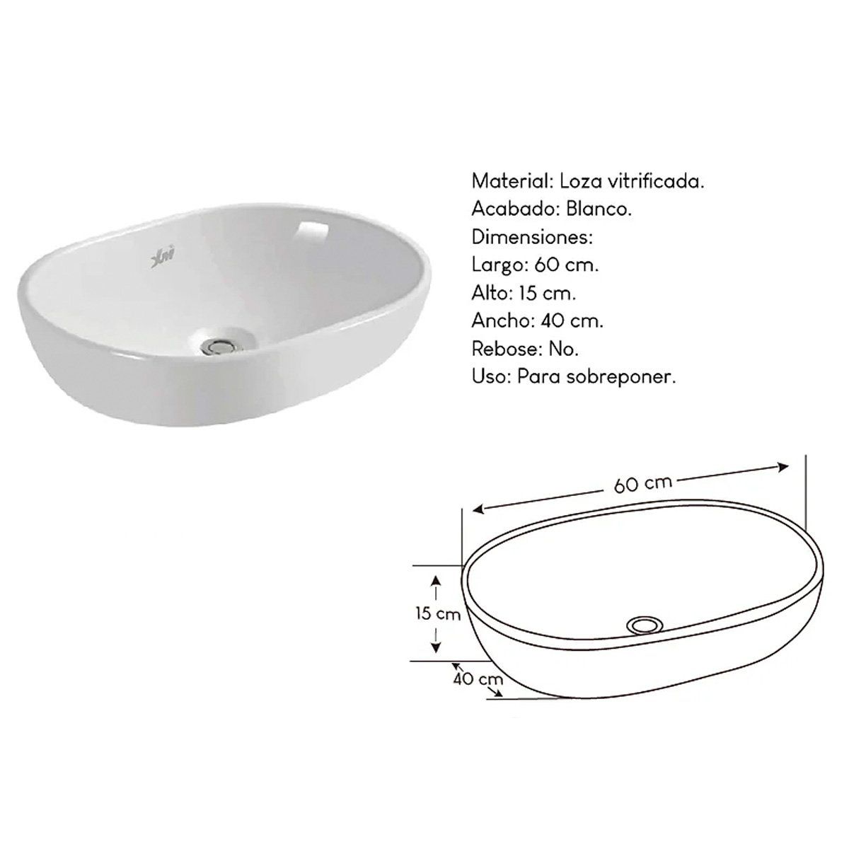 XM - Bowl Lavabo Ovalin de Loza  Ovalado Blanco