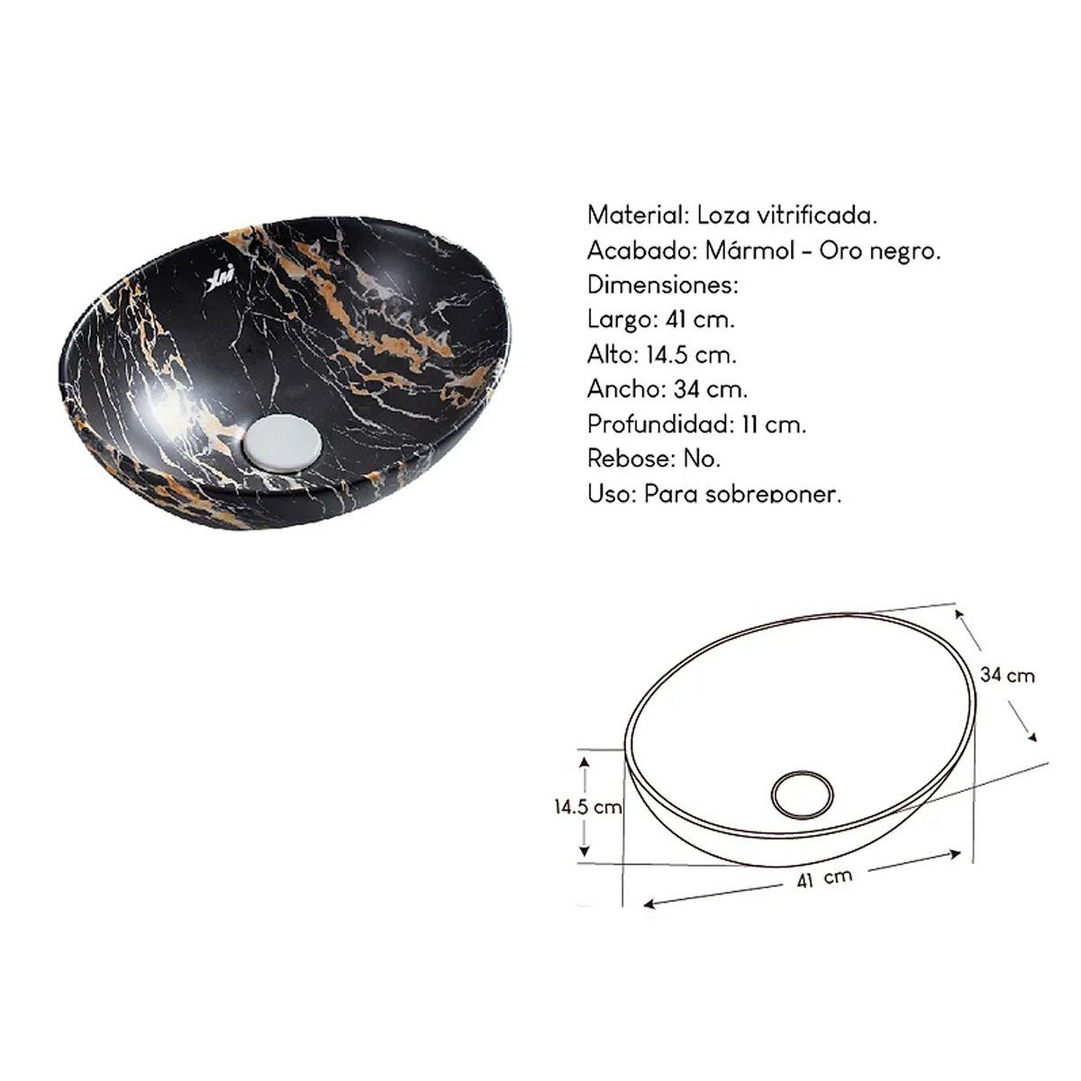 XM - Ovalín de Loza Vitrificada Mármol Negro
