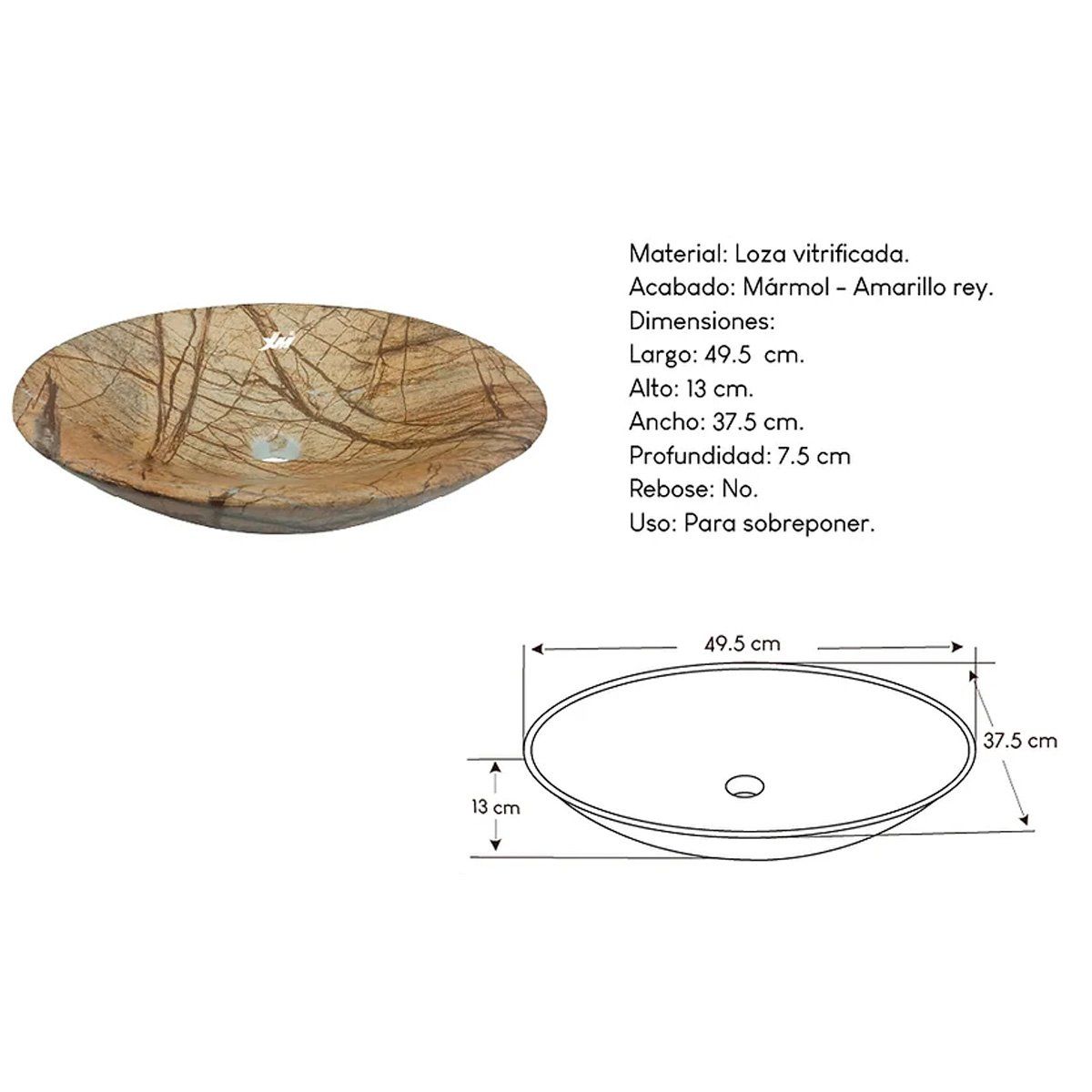 XM - Ovalín de Loza Vitrificada Mármol Amarillo