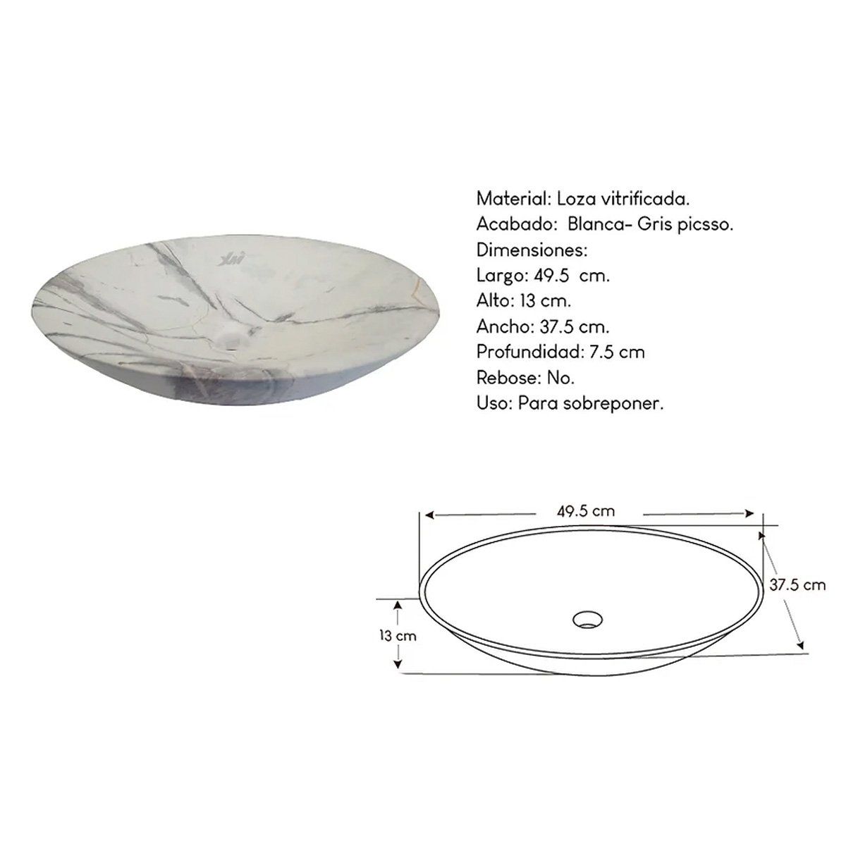 XM - Ovalín de Loza Vitrificada Blanco Gris