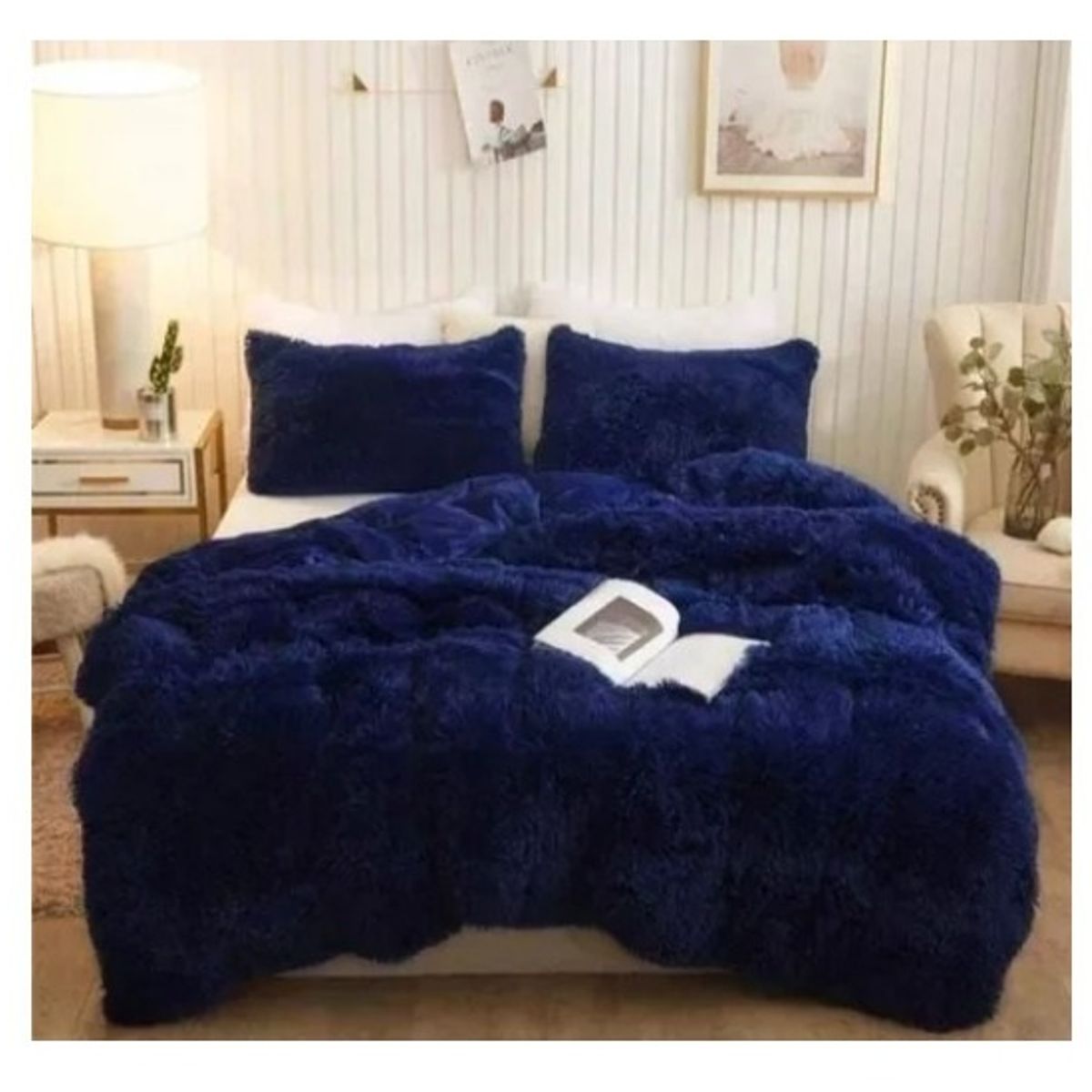 GENERICO - EDREDÓN PIEL DE OSO KING + 2 FUNDAS DE ALMOHADA AZUL MARINO