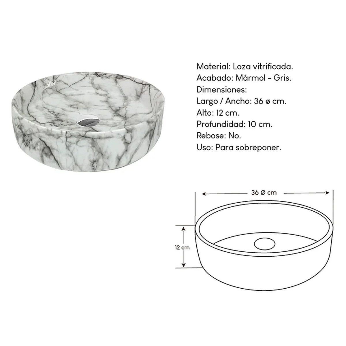 XM - Ovalín de Loza Vitrificada Mármol Blanco