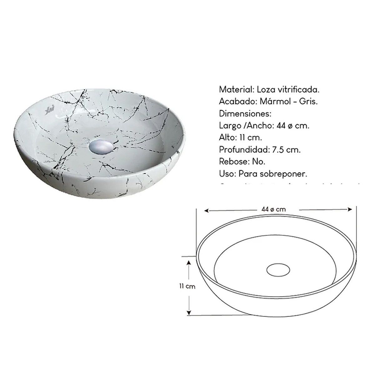 XM - Ovalín de Loza Vitrificada Mármol Gris Blanco