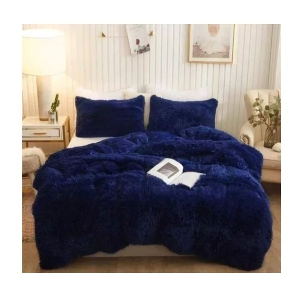 GENERICO - EDREDÓN PIEL DE OSO DOS PLAZAS + 2 FUNDAS DE ALMOHADA AZUL MARINO