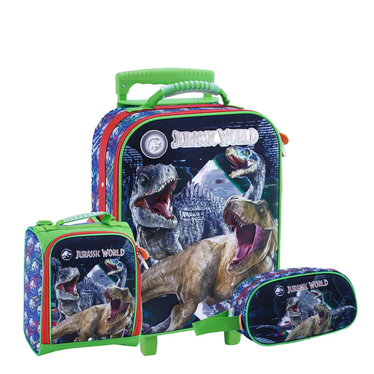 SCOOL - SET MOCHILA DINOSAURIOS JURASSIC PARK OFICIO PREMIUM MALETA RUEDAS